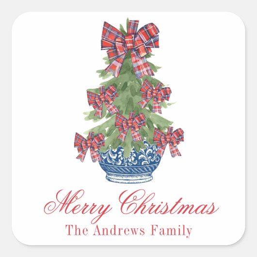 Kerst Plaid Bow Chinoiserie Topiary Tree Vierkante Sticker (Voorkant)