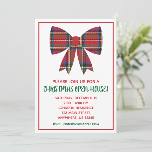 Kerst Plaid Bow Party Uitnodigingen (Staand voorkant)