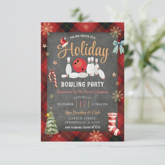 Kerst Plaid Chalkboard Holiday Bowling Party Kaart (Staand voorkant)