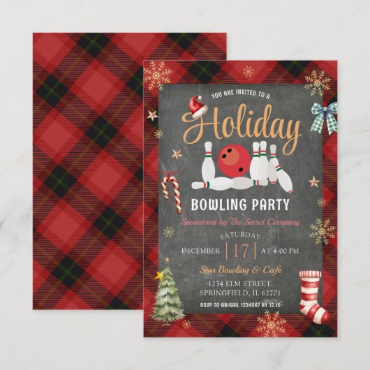 Kerst Plaid Chalkboard Holiday Bowling Party Kaart (Voorkant / Achterkant)