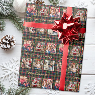 Kerst Plaid Custom Goud Familie 6 Fotocollage Cadeaupapier