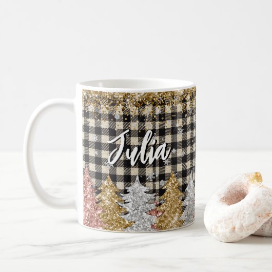 Kerst Plaid En Glitters Met Naam Koffiemok (Met donut)