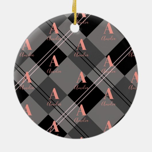 Kerst Plaid Gepersonaliseerd Grijs Zwart Roze Keramisch Ornament (Achterkant)