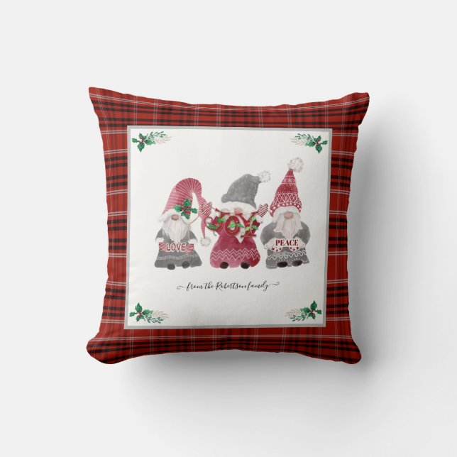 Kerst Plaid Gnome Liefde Vreugde Vrede Holly Berry Kussen (Voorkant)