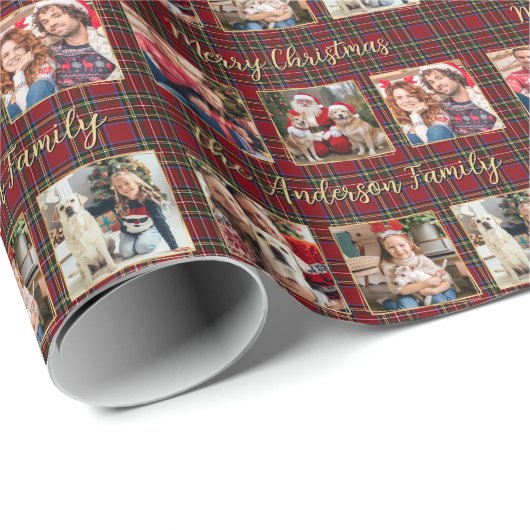 Kerst Plaid Goud Custom Family 6 Fotocollage Cadeaupapier (Rol Hoek)