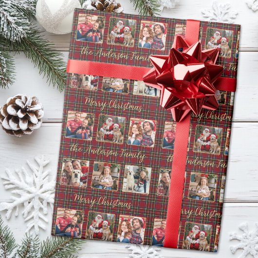 Kerst Plaid Goud Custom Family 6 Fotocollage Cadeaupapier