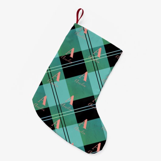 Kerst Plaid Monogram Groen Roze Kleine Kerstsok (Voorkant (Hangend))
