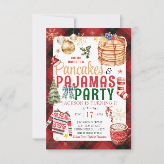 Kerst Plaid Pannenkoek Pyjama Verjaardagsfeest Kaart (Voorkant)