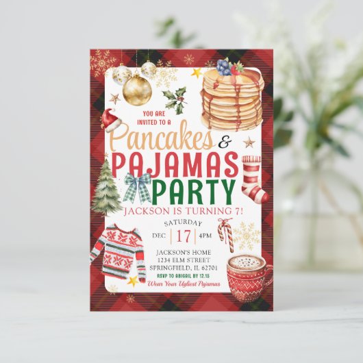 Kerst Plaid Pannenkoek Pyjama Verjaardagsfeest Kaart (Staand voorkant)