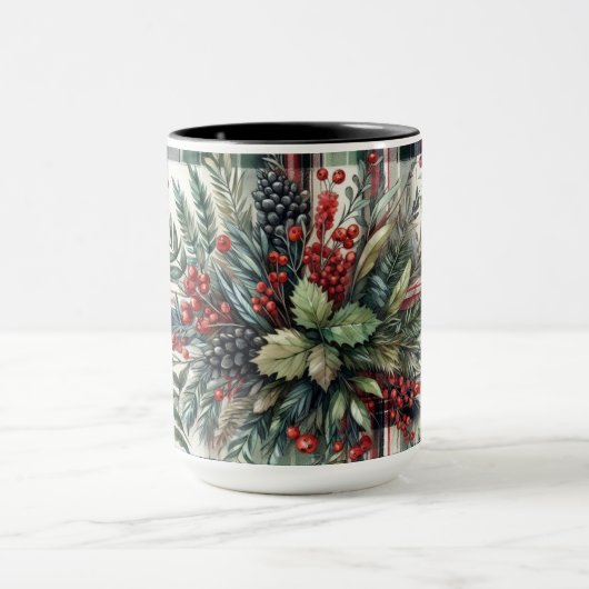 Kerst Plaid Pine Berries Koffie Mok Cup (Midden)