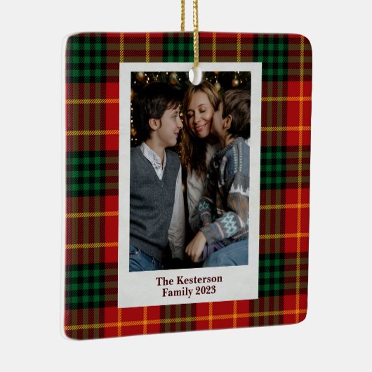 Kerst Plaid Rode Tartan Foto Keramisch Ornament (Rechts)