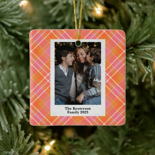 Kerst Plaid Roze Sinaasappel Tartan Foto Keramisch Ornament (Boom)