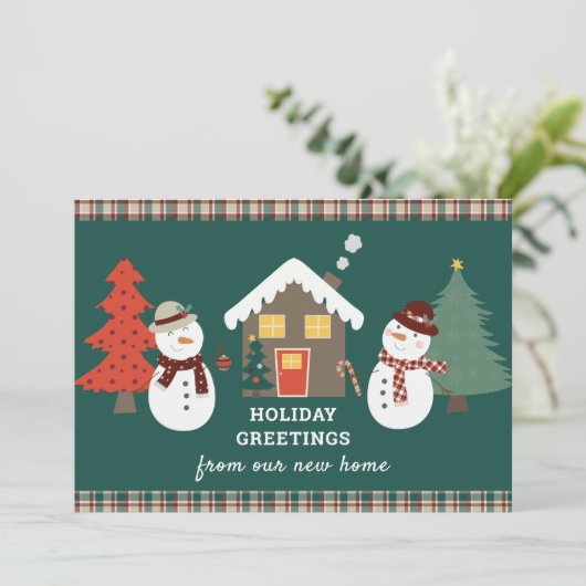 Kerst Plaid Sneeuwmannen Vakantie Nieuw Huis Verhu Aankondiging (Staand voorkant)