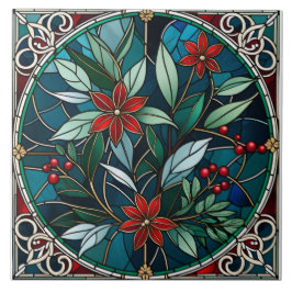 Kerst Planten Rode Bloem Groene Bladeren Elegant Tegeltje