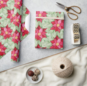 Kerst Poinsettia Aquarel Handgeschilderd Cadeaupapier