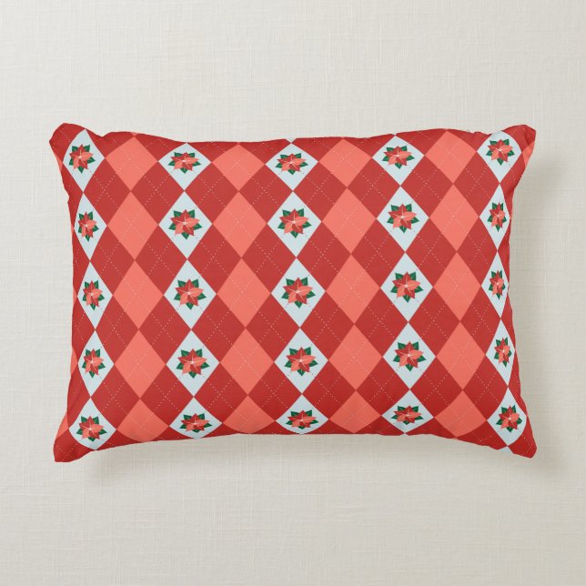 kerst Poinsettia Argyle Accent Kussen (Voorkant)