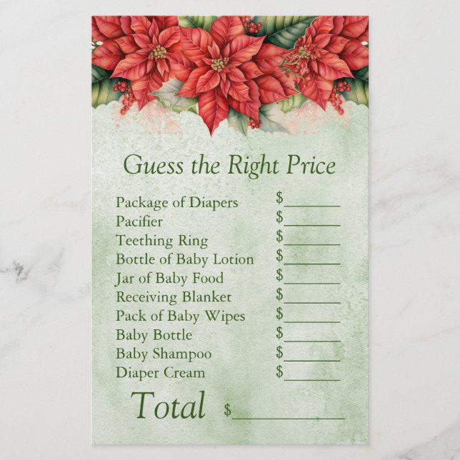 Kerst Poinsettia Baby shower spel Guess Prijs (Voorkant)