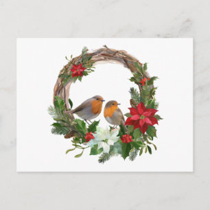 Kerst Poinsettia Bloem Krans en Vogels Briefkaart