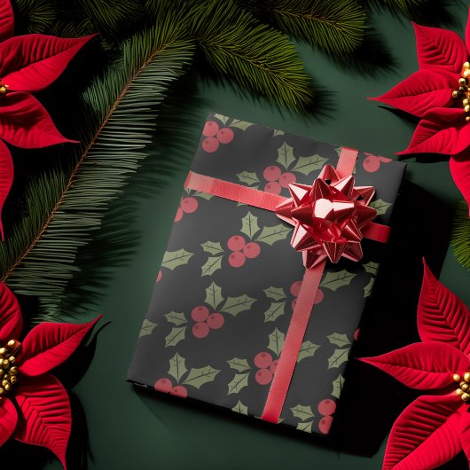 Kerst Poinsettia Bloem Mistletoe Rode bessen Cadeaupapier