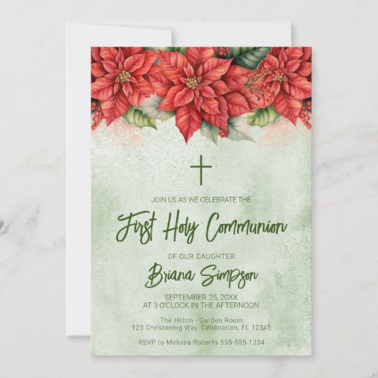 Kerst Poinsettia Bloemen Eerste Heilige Communie Kaart (Voorkant)
