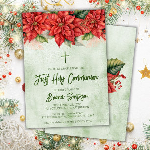 Kerst Poinsettia Bloemen Eerste Heilige Communie Kaart