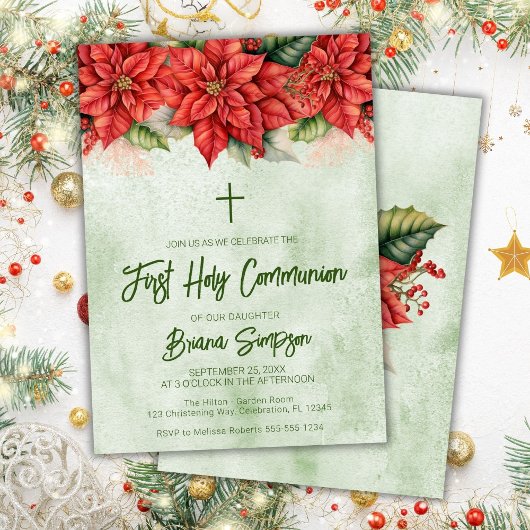 Kerst Poinsettia Bloemen Eerste Heilige Communie Kaart