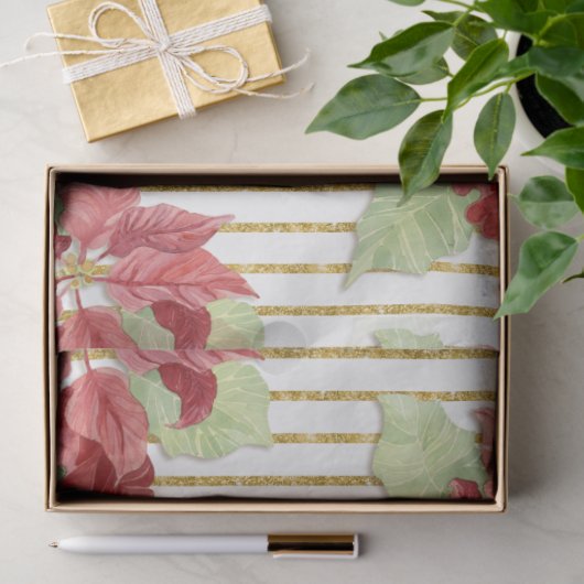 Kerst Poinsettia Bloemen Gouden Glitter Stripe Tissuepapier (Geschenk)