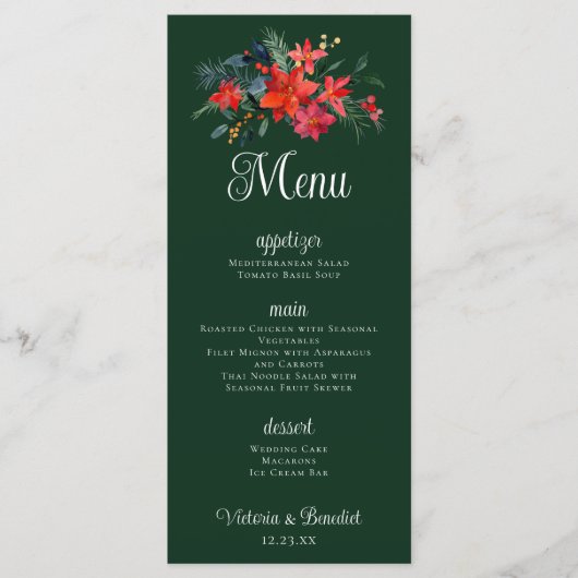 Kerst Poinsettia Bloemen Groen Bruiloft Diner Menu (Voorkant)