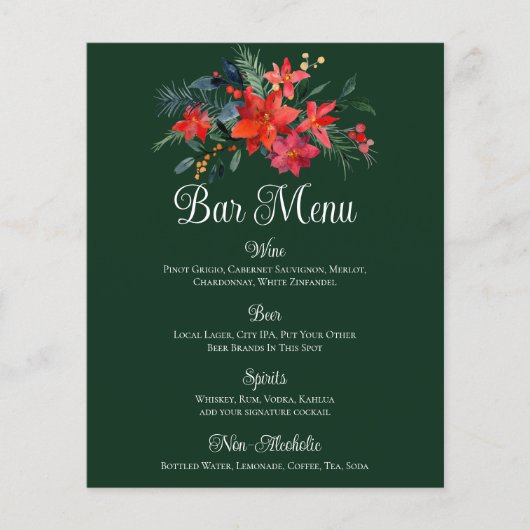 Kerst Poinsettia Bloemen Groene Bruiloft Bar Menu (Voorkant)