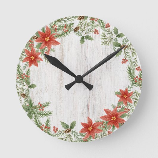 Kerst Poinsettia Botanisch gebladerte Ronde Klok (Voorkant)