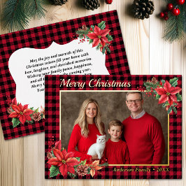 Kerst Poinsettia Buffalo Plaid Familiefoto Folie Feestdagen Briefkaart