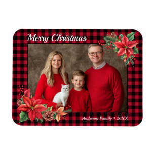 Kerst Poinsettia Buffalo Plaid Familiefoto Magneet