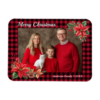 Kerst Poinsettia Buffalo Plaid Familiefoto Magneet