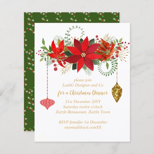 Kerst Poinsettia diner uitnodigt Rode Goud Chic (Voorkant / Achterkant)