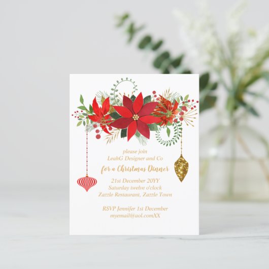 Kerst Poinsettia diner uitnodigt Rode Goud Chic (Staand voorkant)