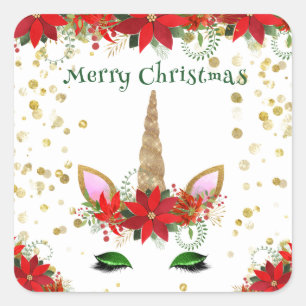 Kerst Poinsettia Eenhoorn Groene Feest Artikelen Vierkante Sticker