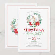 Kerst poinsettia & eenhoorn krans feest uitnodigin