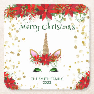 Kerst Poinsettia Eenhoorn met Groene Lettertype Fe Kartonnen Onderzetters