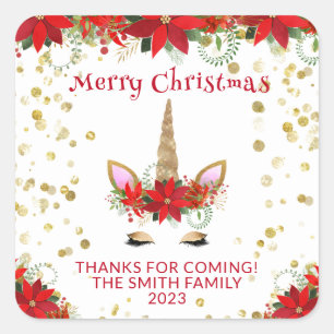 Kerst Poinsettia Eenhoorn met Rode Feest Artikelen Vierkante Sticker