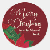 Kerst Poinsettia Elegant Rood Custom Gift Ronde Sticker (Voorkant)