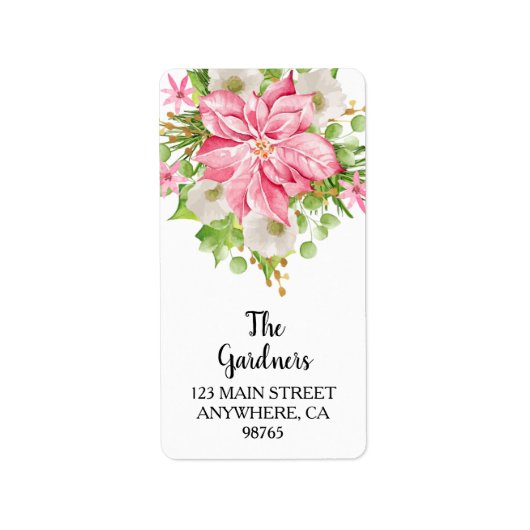 Kerst Poinsettia Floral Vakantieadres Etiket (Voorkant)