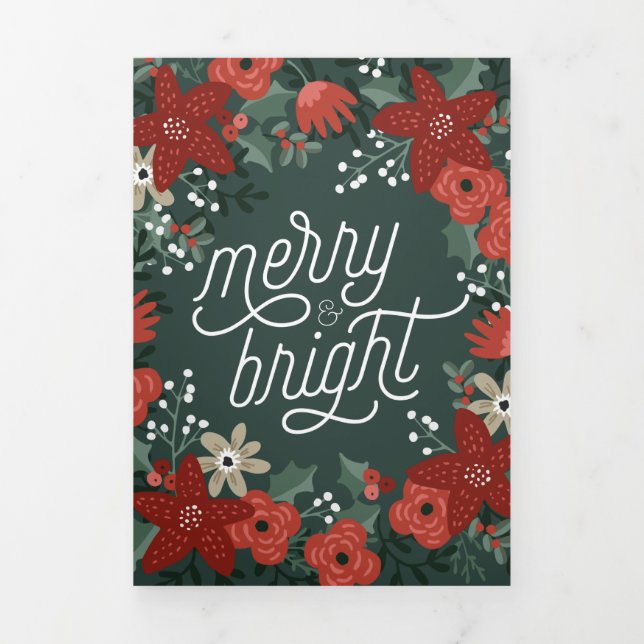 Kerst Poinsettia Foliage Vakantie Tri Fold Drieluik Kaart (Cover)