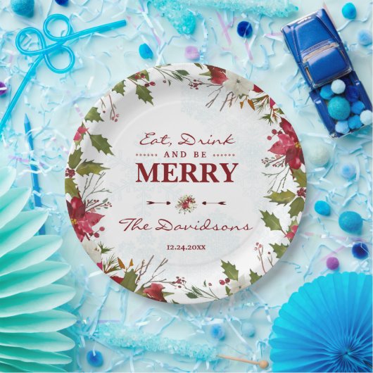Kerst Poinsettia Frame Eet, Drink en wees vrolijk Papieren Bordje (Feest)