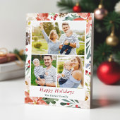 Kerst Poinsettia Holly Berries Floral 3 Foto Feestdagen Kaart