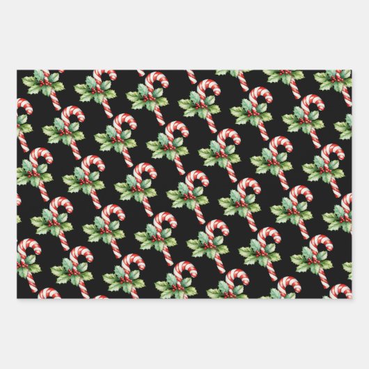 KERST POINSETTIA, HOLLY, CANDY CANE OP ZWART INPAKPAPIER VEL (Voorkant 3)