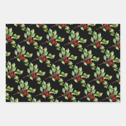 KERST POINSETTIA, HOLLY, CANDY CANE OP ZWART INPAKPAPIER VEL (Voorkant 2)