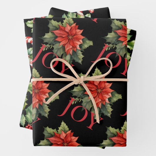 KERST POINSETTIA, HOLLY, CANDY CANE OP ZWART INPAKPAPIER VEL (In situ)