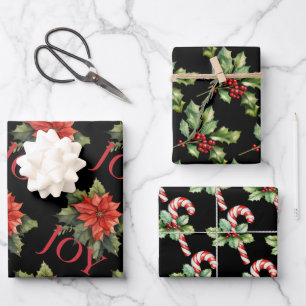 KERST POINSETTIA, HOLLY, CANDY CANE OP ZWART INPAKPAPIER VEL