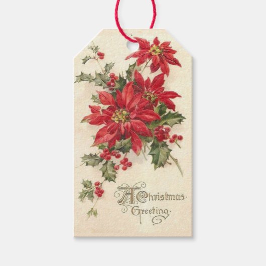 Kerst Poinsettia Holly  Rode Vakantie Cadeaulabel (Voorkant)