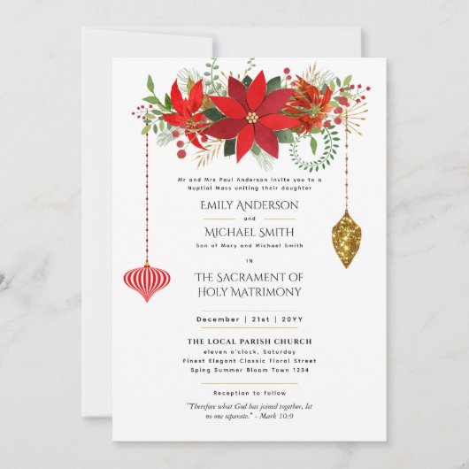 Kerst Poinsettia Katholieke Huwelijksplechtigheid  Kaart (Voorkant)